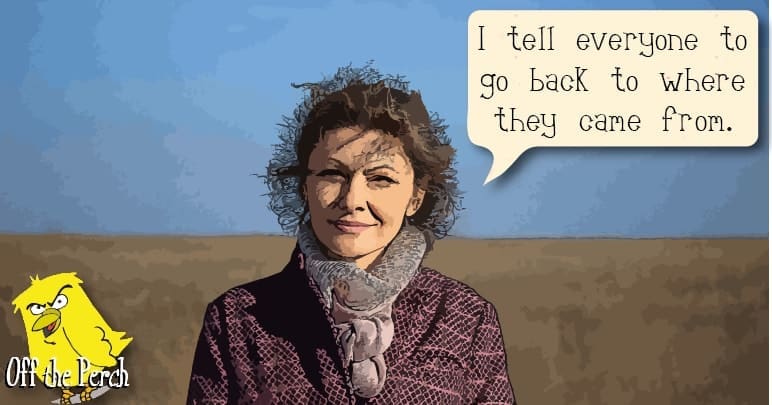 A cartoon Tory MP saying: "I tell everyone to go back to where they came from."