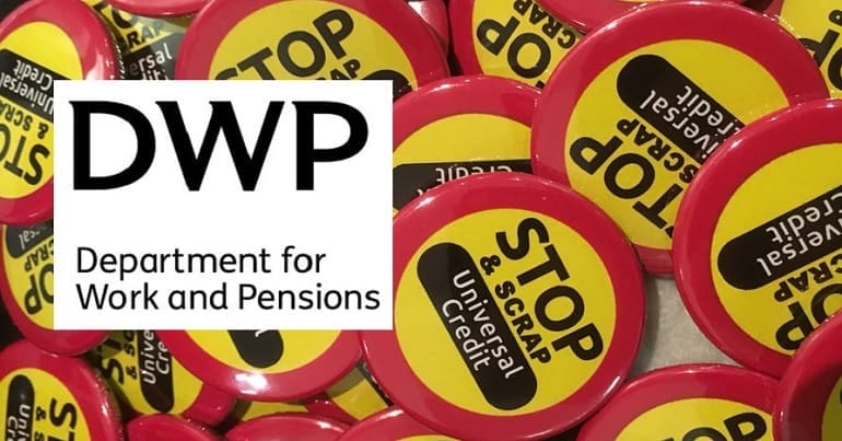 DWP Logo with Stop and Scrap Universal Credit badges