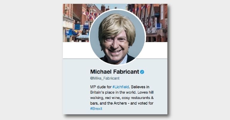 Michael Fabricant's Twitter bio - he describes himself as an "MP dude for #Lichfield"