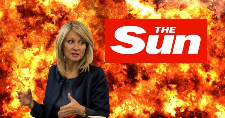 DWP chief Esther McVey and the Sun logo