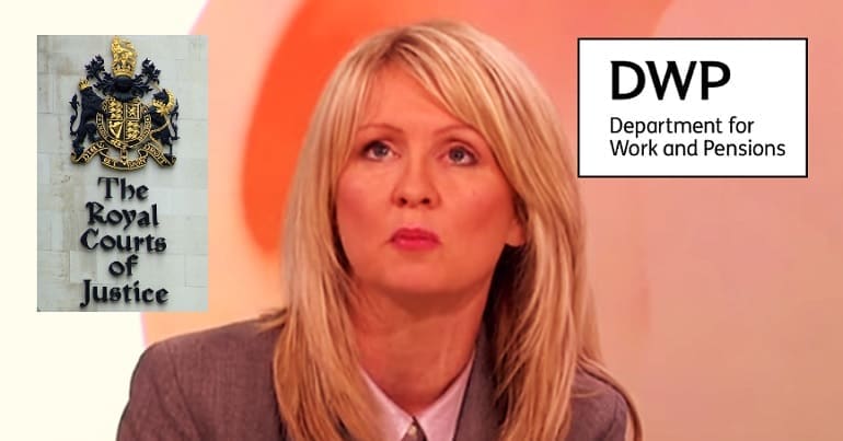Esther McVey a court sign and the DWP logo