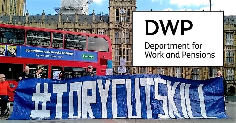 The DWP logo and a protest outside parliament by disabled people