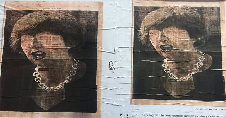 Posters of Theresa May showing her eyes blanked out