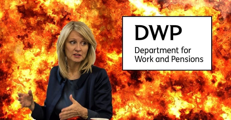 Esther McVey and the DWP logo in a fireball