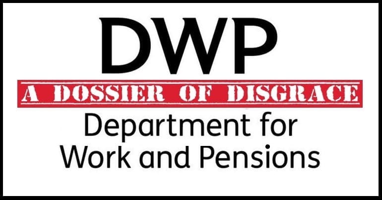 The DWP logo white background with a Dossier of Disgrace