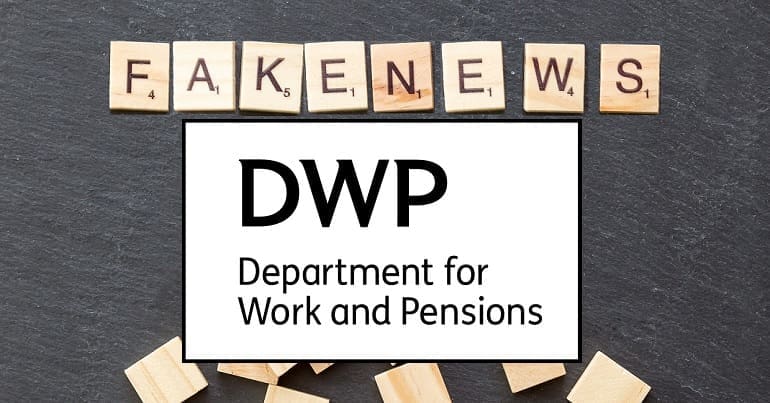The DWP logo with fake news