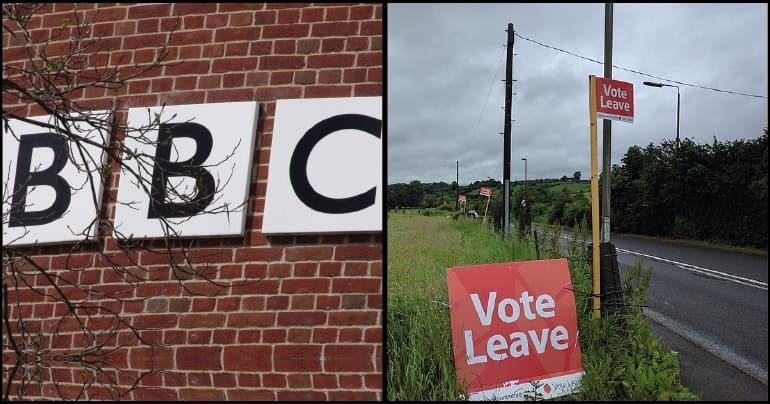 BBC logo and a Vote Leave placard in a field