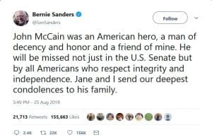 "Democratic Socialist" Bernie Sanders praises John McCain