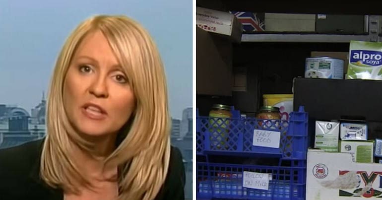 A photo of Esther McVey, a photo of a foodbank