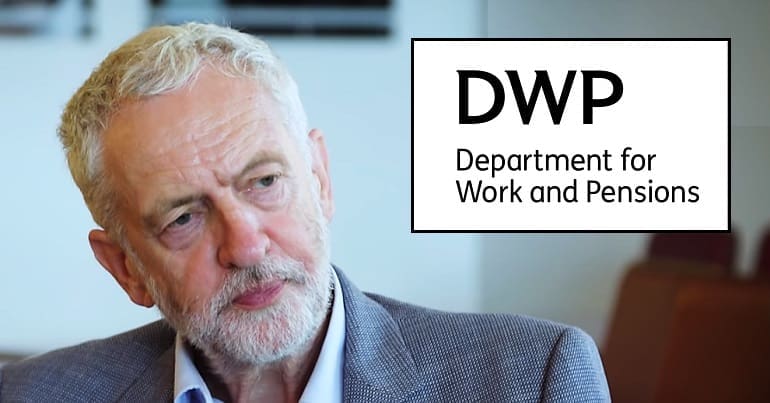 Jeremy Corbyn and the DWP logo