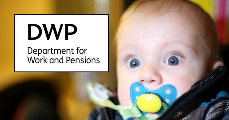 The DWP logo and a shocked baby