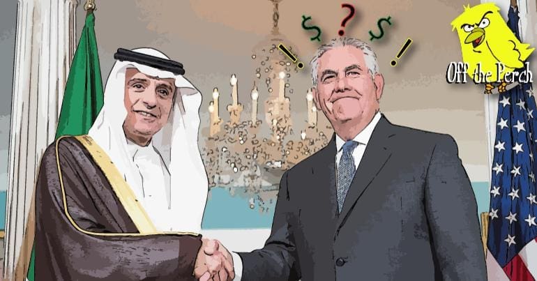Saudi representative meeting the US's Rex Tillerson who has exclamation points, dollar signs, and a question mark above his head