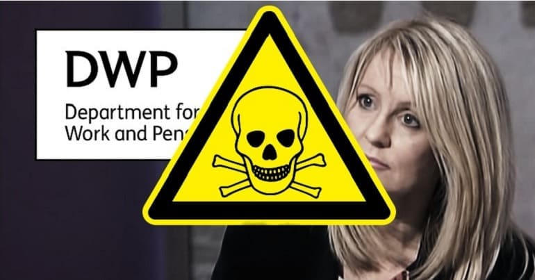 Esther McVey the DWP logo and a toxic sign