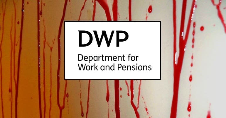 The DWP logo with blood running down