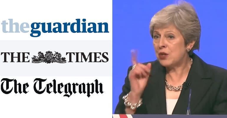 Theresa May at Conservative conference and logos for Guardian, Times and Telegraph
