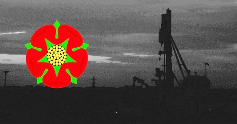 A fracking rig and the Lancashire rose