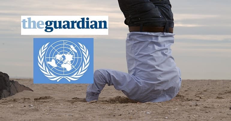 The Guardian and UN logos with a man burying his head in the sand