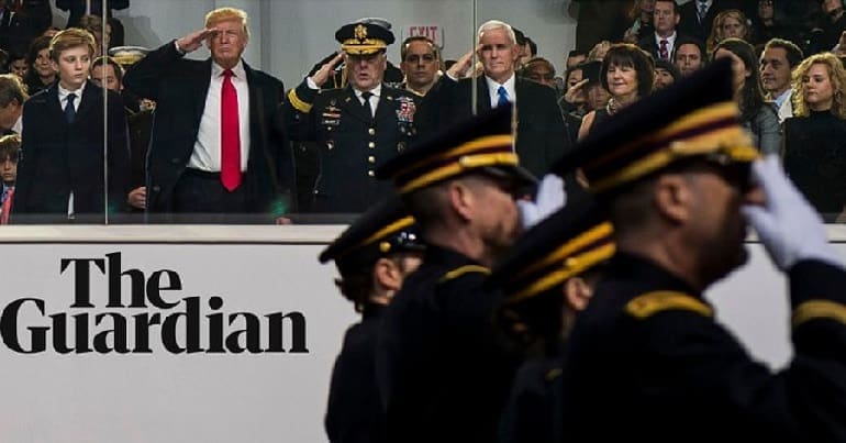 Guardian logo; Trump saluting