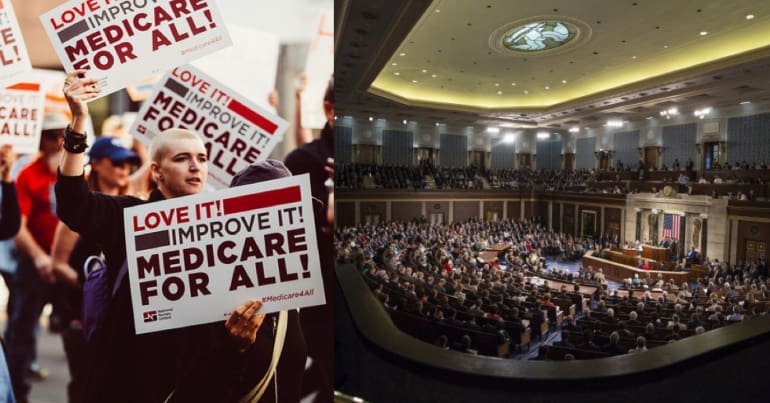 Medicare for all protesters and the inside of the US Congress.