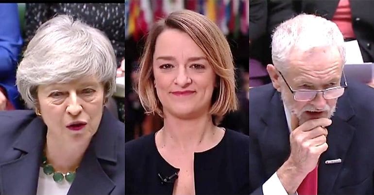 Theresa May, Laura Kuenssberg and Jeremy Corbyn