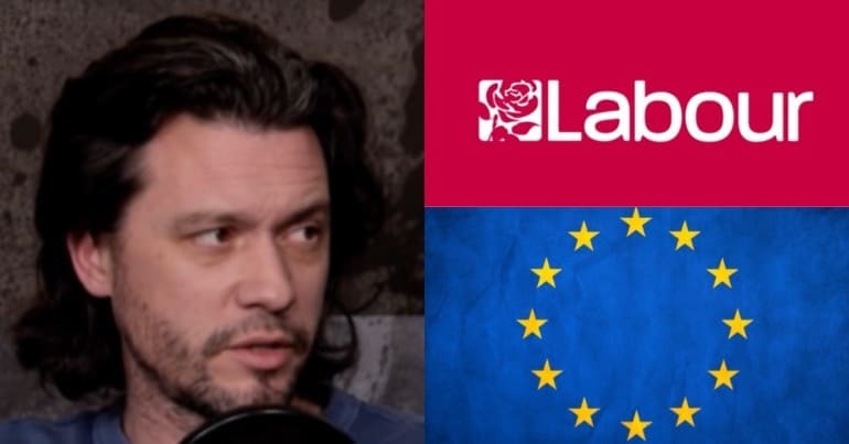 Dr Mike Galsworthy next to an EU flag and the Labour Party logo