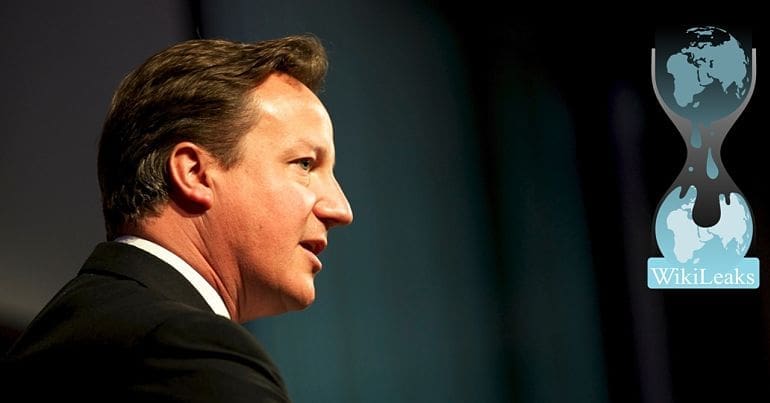 David Cameron and the WikiLeaks logo