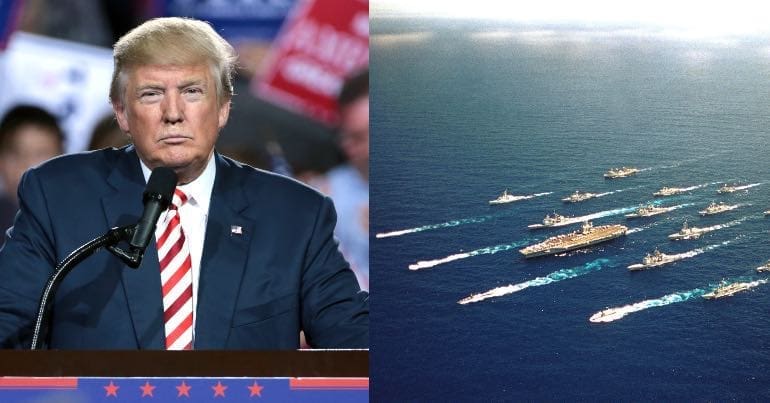 A photo of Donald Trump and the aircraft carrier USS Abraham Lincoln at sea with its carrier group