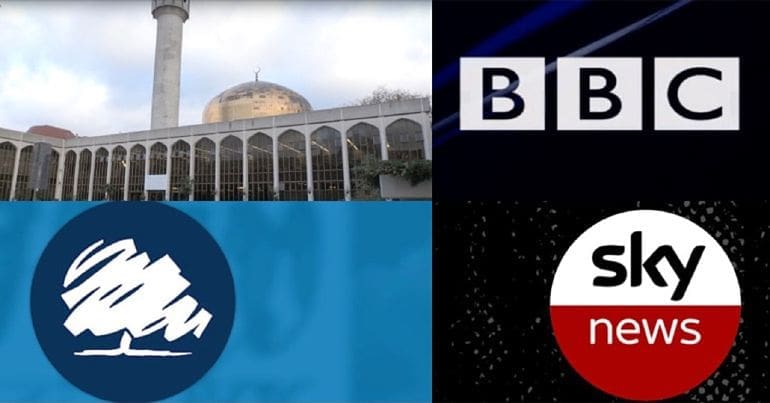 Regent's Park Mosque and logos of Conservative Party, BBC and Sky News