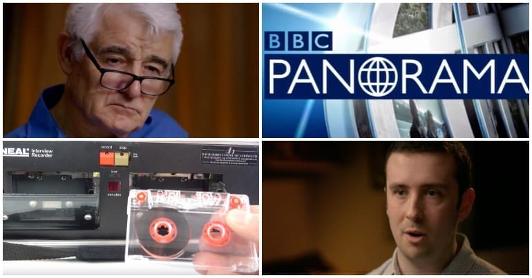 Panorama producer John Ware, next to the BBC Panorama logo. Also a picture of a tape recorder next to a picture of Ben Western featured in Panorama.