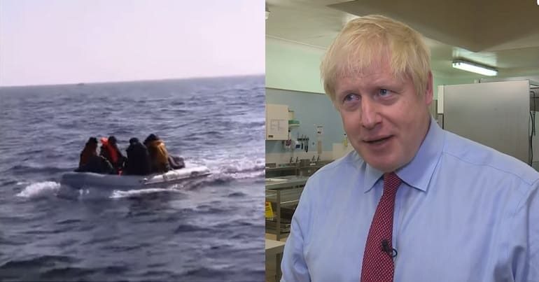 Left - refugees arriving on British shores in a lifeboat. Right - British PM Boris Johnson