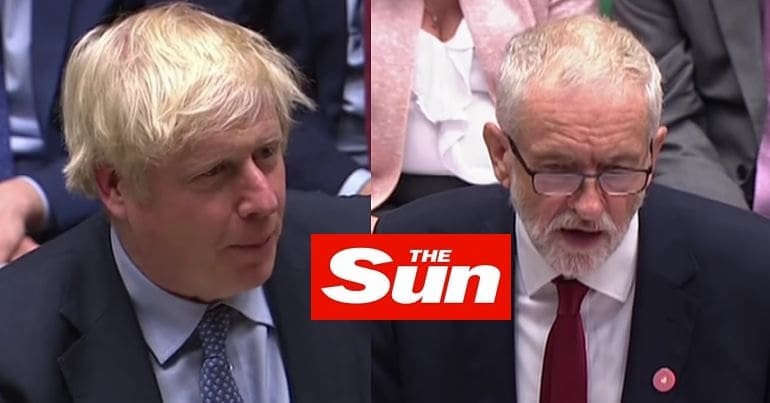Boris Johnson, Jeremy Corbyn and the Sun logo
