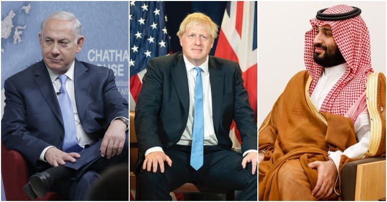 Benjamin Netanyahu, Boris Johnson and Mohammed Bin Salman
