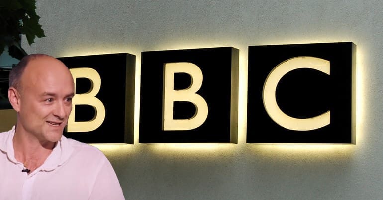 The BBC logo and Dominic Cummings