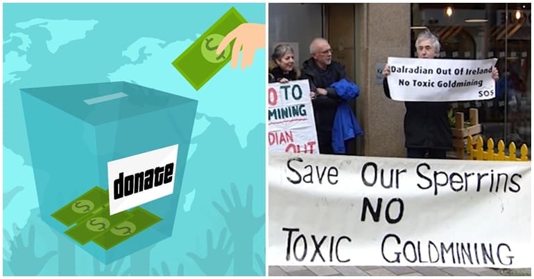 Donation box and anti-goldmine protesters