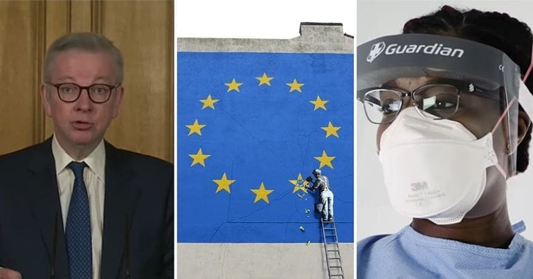 Gove, Banksy Brexit mural & NHS staff member in PPE
