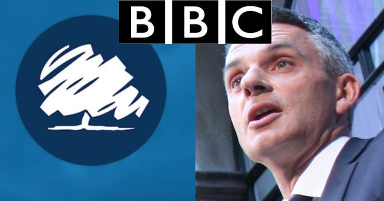 Conservative logo, BBC logo, and Tim Davie