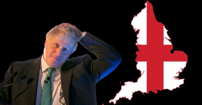 Map of England with the English flag and Boris Johnson