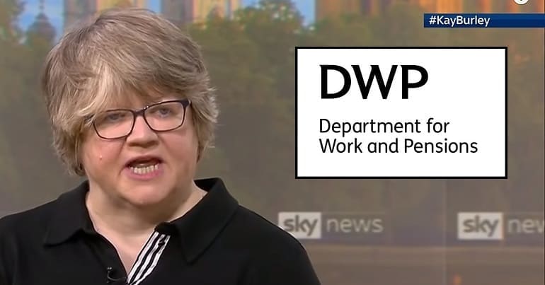 Therese Coffey on Sky News and the DWP logo