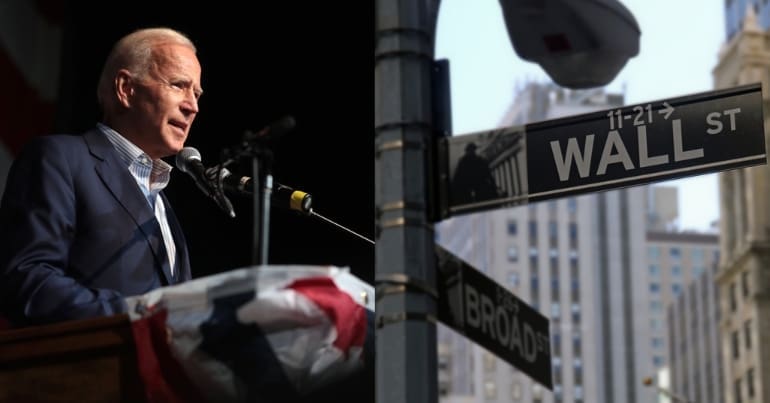 US president-elect Joe Biden and Wall Street sign, New York