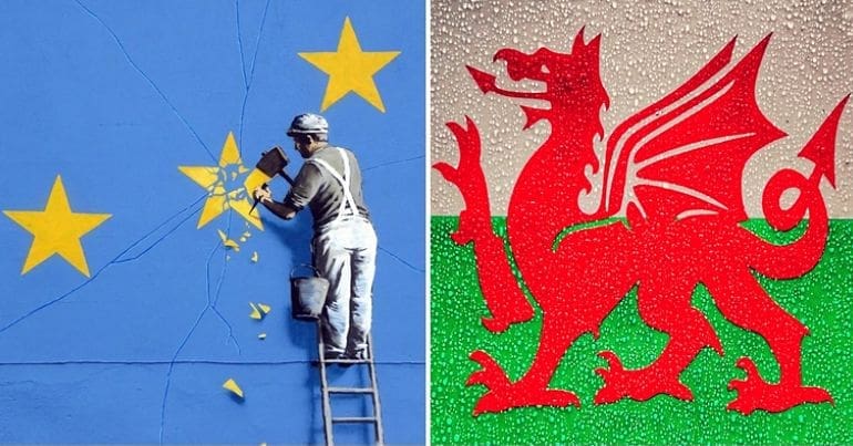 Banksy Brexit mural and Welsh flag