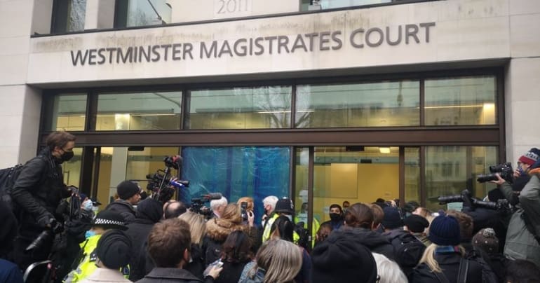 Crowd outside Westminster Magistrates' Court