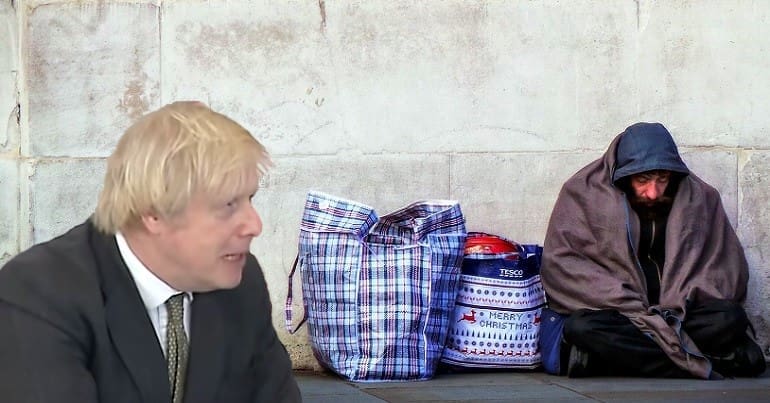 A homeless person in destitution and Boris Johnson
