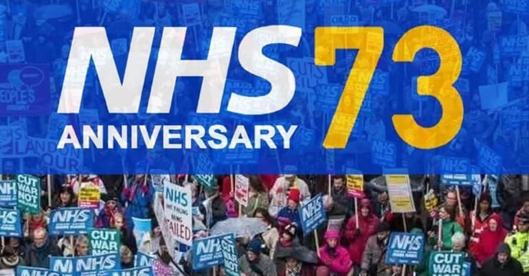 An NHS anniversary banner