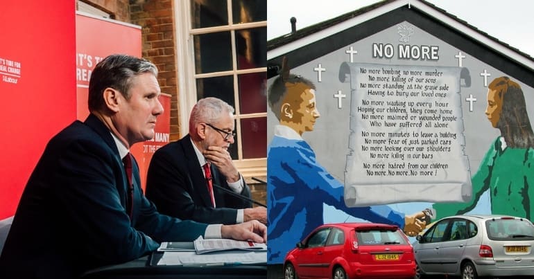 Labour leader Keir Starmer, former Labour leader Jeremy Corbyn and a peace mural in the north of Ireland