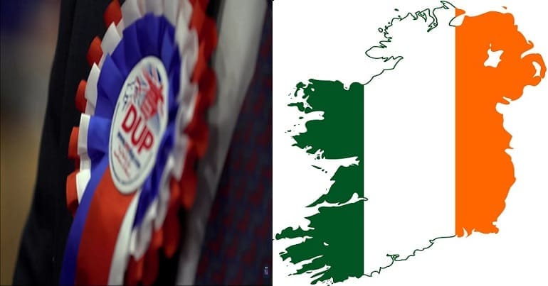 DUP logo beside a map of a united Ireland