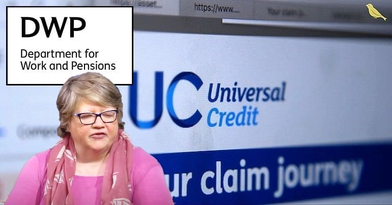 The DWP and Universal Credit logos with Therese Coffey about the cost of living payment