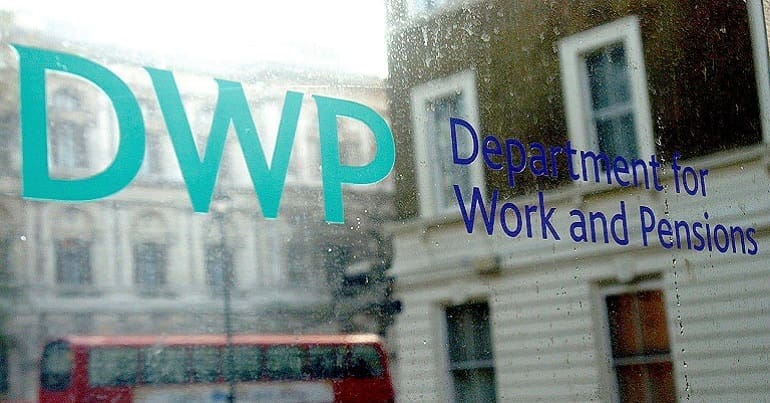 The DWP logo with rain on it