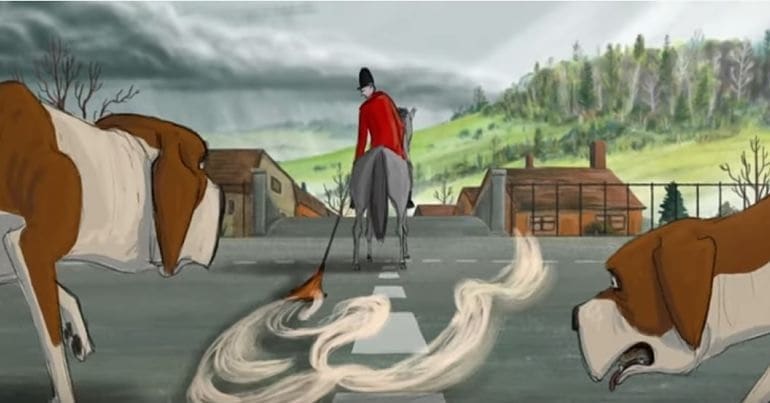 A still from the A Trail of Lies animation, showing a man on horseback laying a trail of smoke while two hounds look on