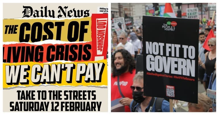 Advert for demo and an image of a protest