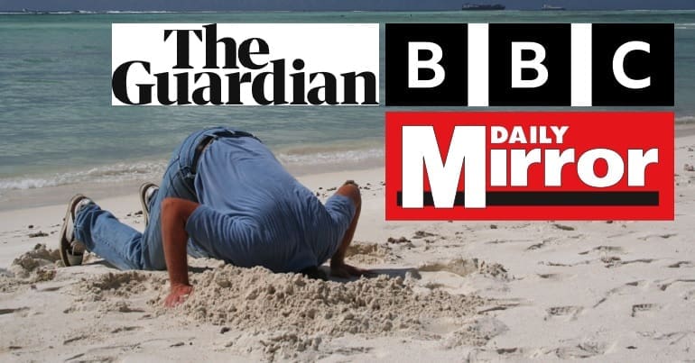 A person burying their head in the sand with media logos from the BBC, Guardian and Mirror